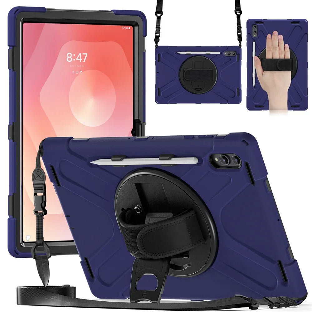 For Samsung Galaxy Tab S11 Ultra Kickstand Case TPU PC Silicone Tablet Cover with Shoulder Strap - Navy Blue - 1