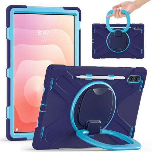 For Samsung Galaxy Tab S11 Ultra Case TPU + PC + Silicone Tablet Cover Swivel Kickstand Handle Grip - Navy Blue - 1