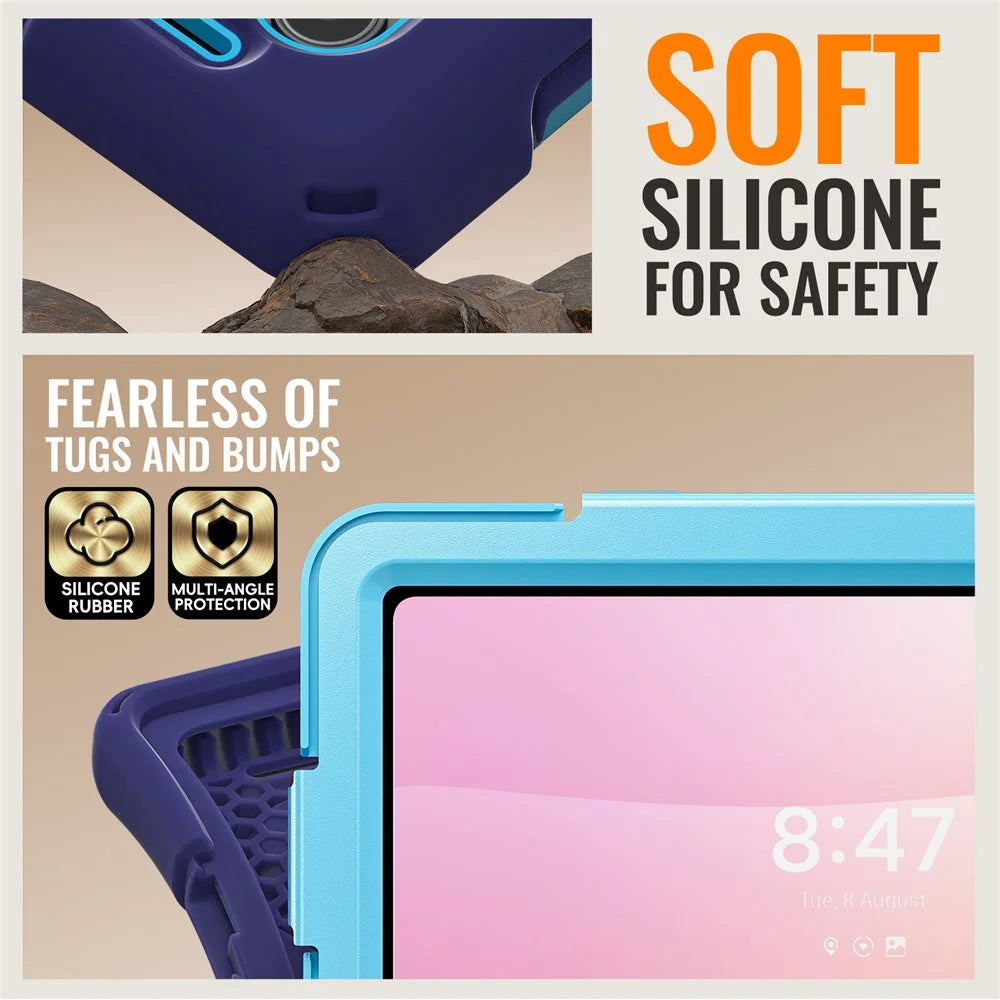 For Samsung Galaxy Tab S11 Ultra Case TPU + PC + Silicone Tablet Cover Swivel Kickstand Handle Grip - Navy Blue - 7