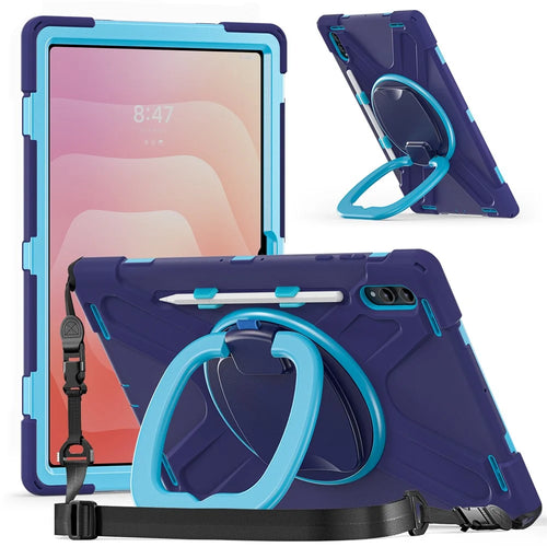 For Samsung Galaxy Tab S11 Ultra Case with Shoulder Strap TPU + PC + Silicone Kickstand Tablet Cover - Navy Blue - 1