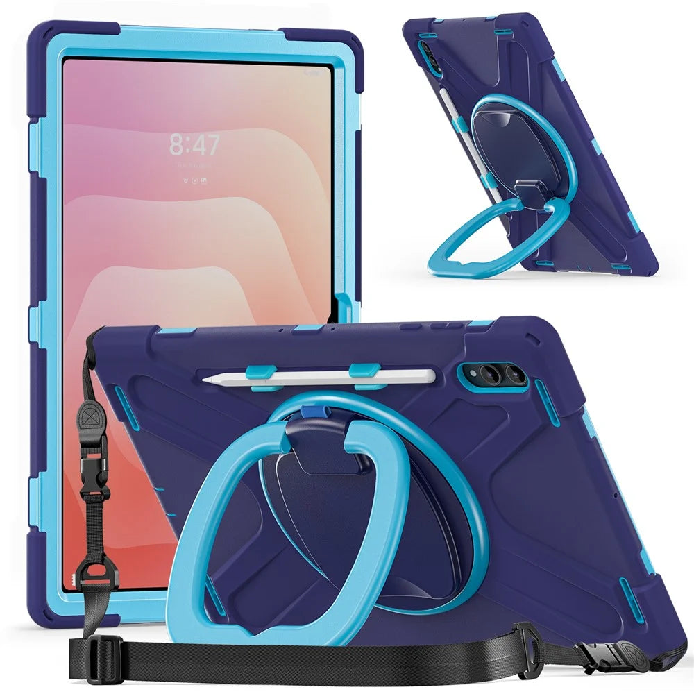 For Samsung Galaxy Tab S11 Ultra Case with Shoulder Strap TPU + PC + Silicone Kickstand Tablet Cover - Navy Blue - 1