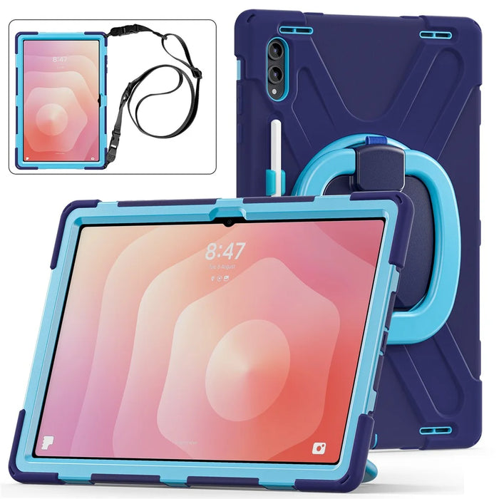 For Samsung Galaxy Tab S11 Ultra Case with Shoulder Strap TPU + PC + Silicone Kickstand Tablet Cover - Navy Blue - 3