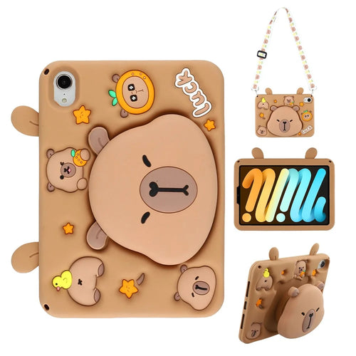 For iPad mini (2024) / (2021) Case Cute Silicone Tablet Cover with Retractable Bear Kickstand / Shoulder Strap - 1