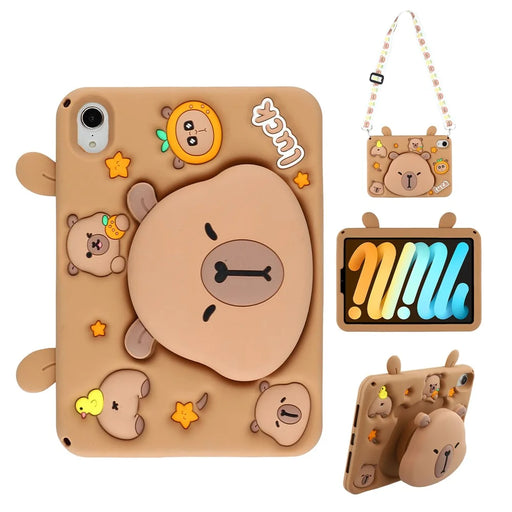 For iPad mini (2024) / (2021) Case Cute Silicone Tablet Cover with Retractable Bear Kickstand / Shoulder Strap - 1