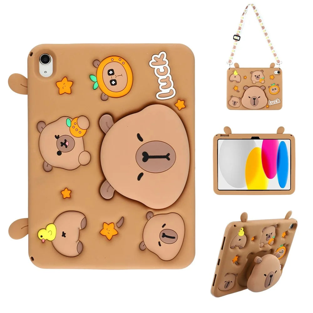 For iPad (2025) / iPad 10.9 (2022) Case Cute Silicone Tablet Cover with Retractable Bear Kickstand / Shoulder Strap - 1