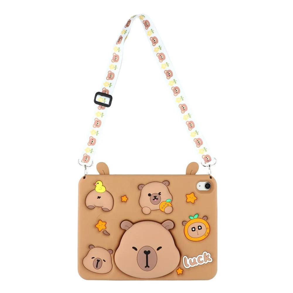 For iPad (2025) / iPad 10.9 (2022) Case Cute Silicone Tablet Cover with Retractable Bear Kickstand / Shoulder Strap - 4