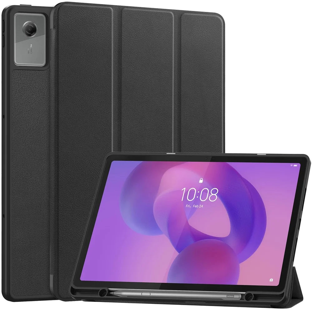 For Lenovo Idea Tab Plus Stand Case Shock-Absorbent Leather Tablet Cover with Pen Slot - Black - 1