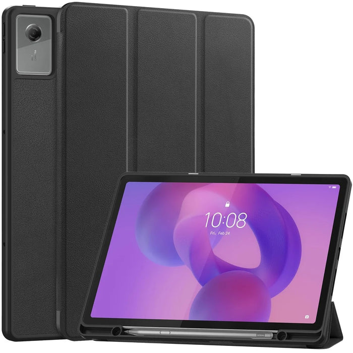 For Lenovo Idea Tab Plus Stand Case Shock-Absorbent Leather Tablet Cover with Pen Slot - Black - 1