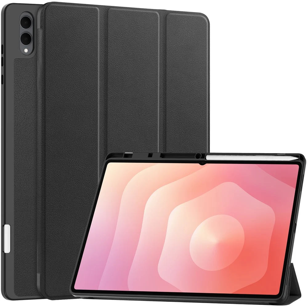 For Samsung Galaxy Tab S11 Ultra Stand Case Shock-Absorbent Leather Tablet Cover with Pen Slot - Black - 1
