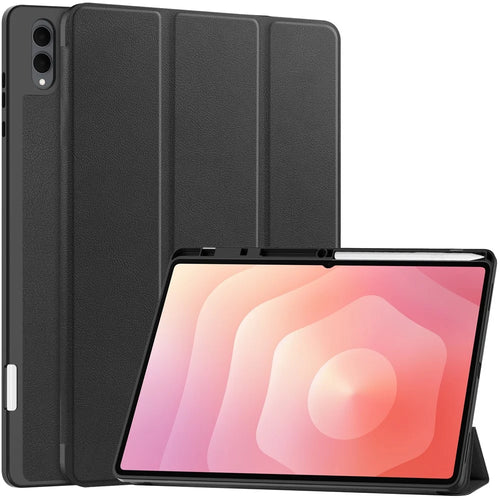 For Samsung Galaxy Tab S11 Ultra Stand Case Shock-Absorbent Leather Tablet Cover with Pen Slot - Black - 1