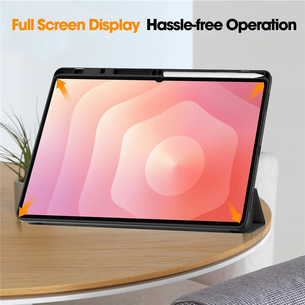 For Samsung Galaxy Tab S11 Ultra Stand Case Shock-Absorbent Leather Tablet Cover with Pen Slot - Black - 6
