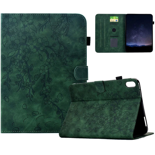 For iPad mini (2024) / mini (2021) Case Imprinted Plum Blossom Stand Card Slots Leather Tablet Cover with Auto Sleep / Wake - Green - 1