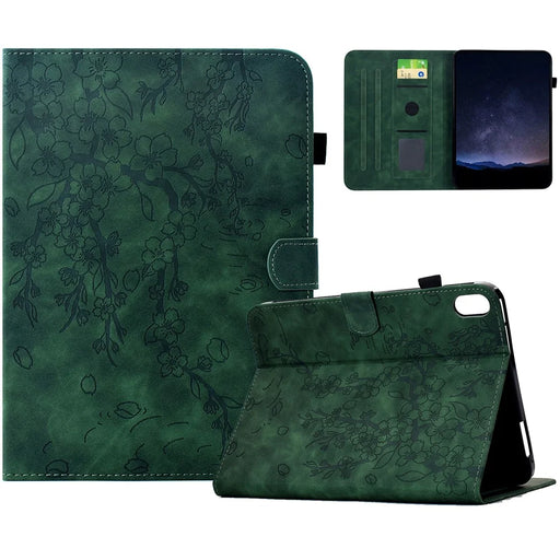 For iPad mini (2024) / mini (2021) Case Imprinted Plum Blossom Stand Card Slots Leather Tablet Cover with Auto Sleep / Wake - Green - 1