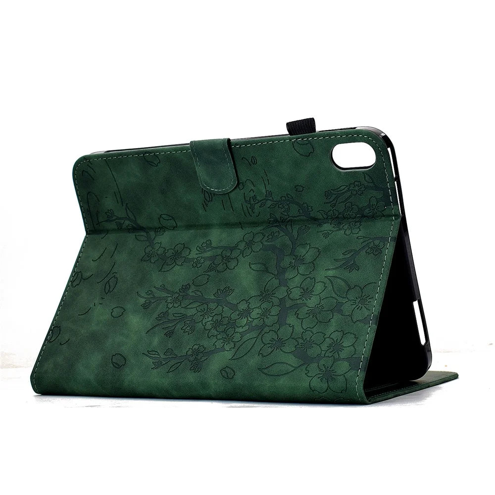 For iPad mini (2024) / mini (2021) Case Imprinted Plum Blossom Stand Card Slots Leather Tablet Cover with Auto Sleep / Wake - Green - 4