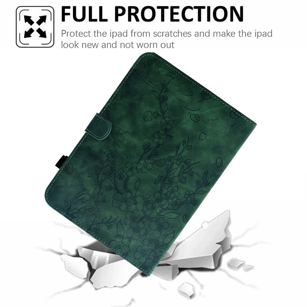 For iPad mini (2024) / mini (2021) Case Imprinted Plum Blossom Stand Card Slots Leather Tablet Cover with Auto Sleep / Wake - Green - 5