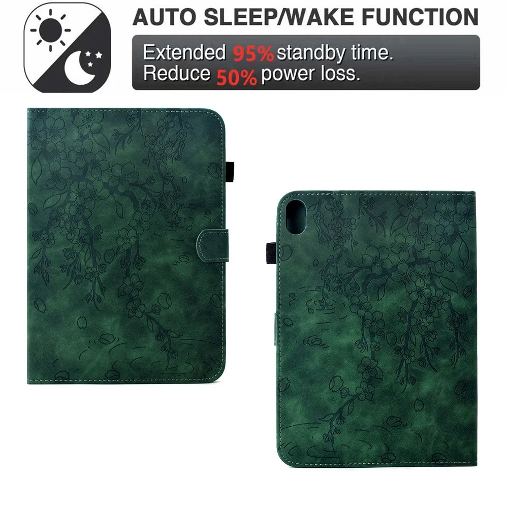 For iPad mini (2024) / mini (2021) Case Imprinted Plum Blossom Stand Card Slots Leather Tablet Cover with Auto Sleep / Wake - Green - 6