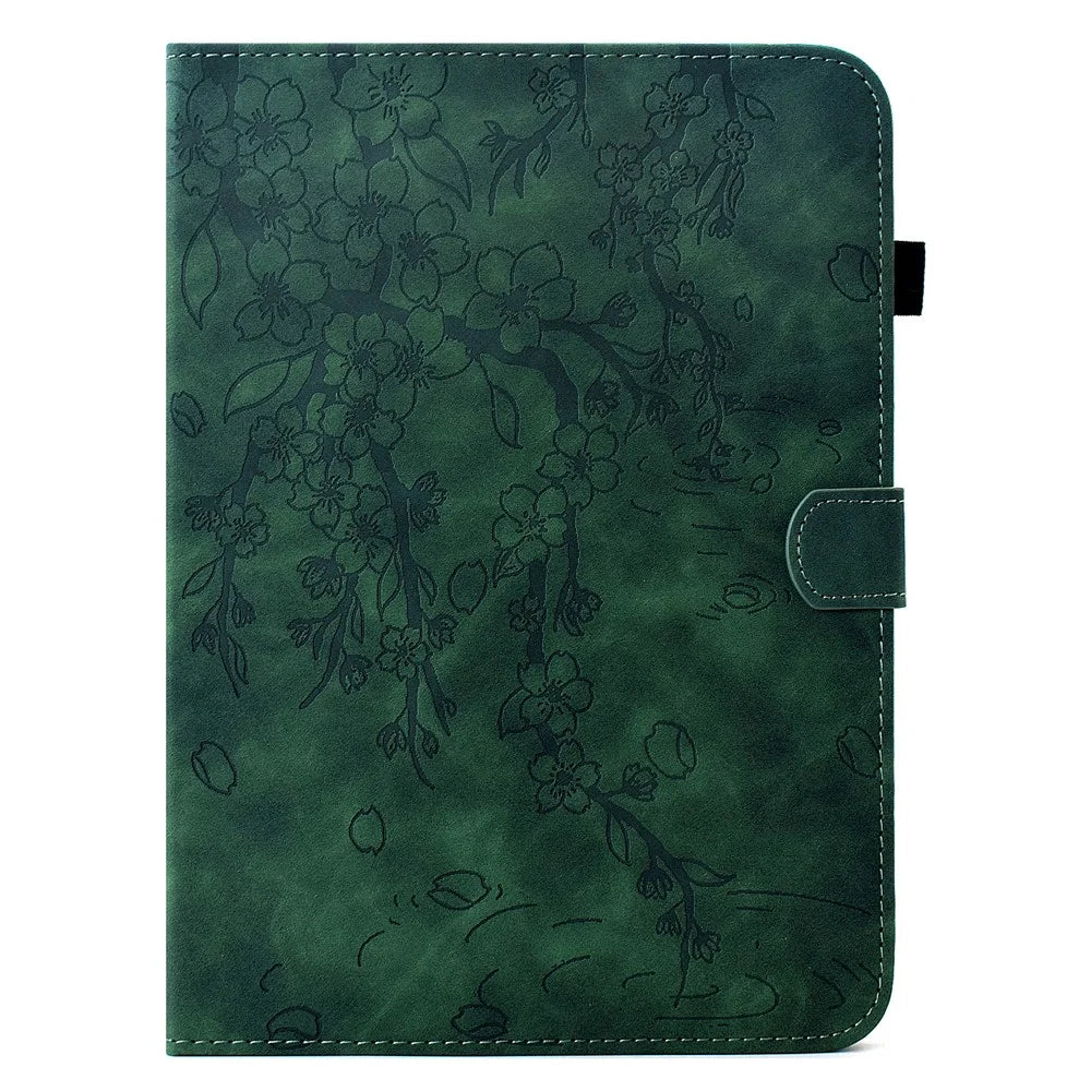 For iPad mini (2024) / mini (2021) Case Imprinted Plum Blossom Stand Card Slots Leather Tablet Cover with Auto Sleep / Wake - Green - 7