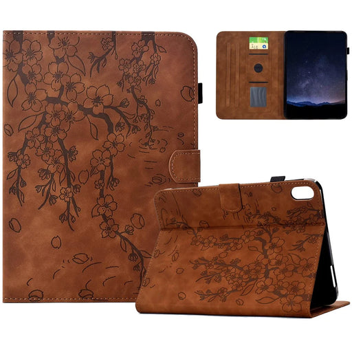 For iPad (2025) / iPad 10.9 (2022) Case Imprinted Plum Blossom Stand Card Slots Leather Tablet Cover with Auto Sleep / Wake - Brown - 1