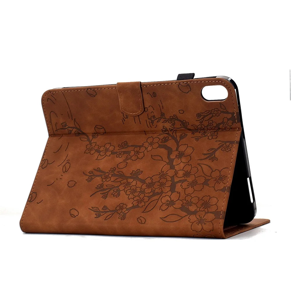 For iPad (2025) / iPad 10.9 (2022) Case Imprinted Plum Blossom Stand Card Slots Leather Tablet Cover with Auto Sleep / Wake - Brown - 4