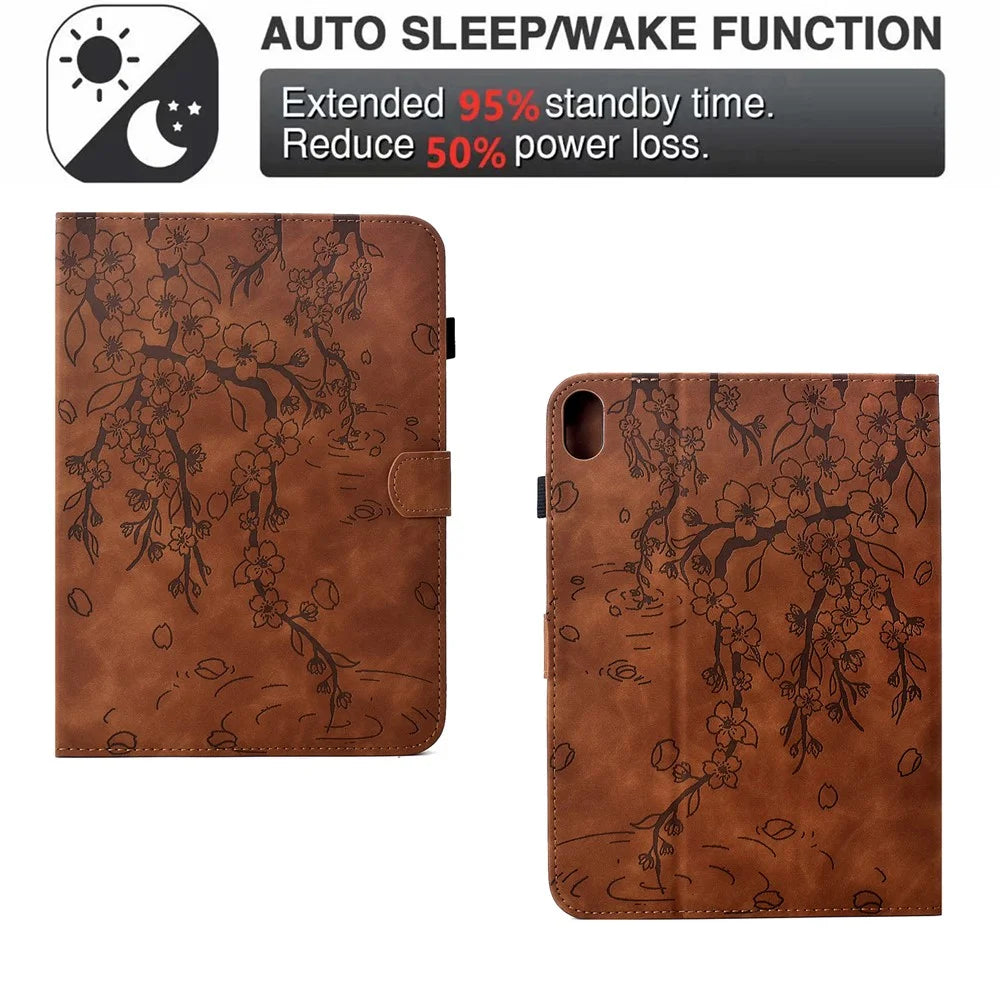 For iPad (2025) / iPad 10.9 (2022) Case Imprinted Plum Blossom Stand Card Slots Leather Tablet Cover with Auto Sleep / Wake - Brown - 6