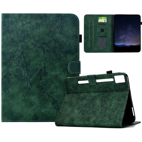 For Lenovo Idea Tab Pro / Tab P12 Pro Gen 2 Case Imprinted Plum Blossom Stand Card Slots Leather Tablet Cover with Auto Sleep / Wake - Green - 1