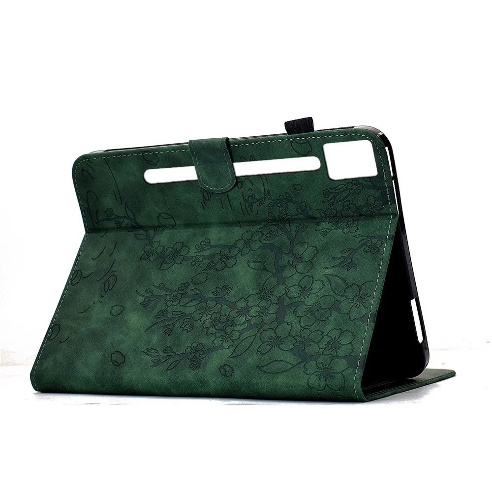 For Lenovo Idea Tab Pro / Tab P12 Pro Gen 2 Case Imprinted Plum Blossom Stand Card Slots Leather Tablet Cover with Auto Sleep / Wake - Green - 4