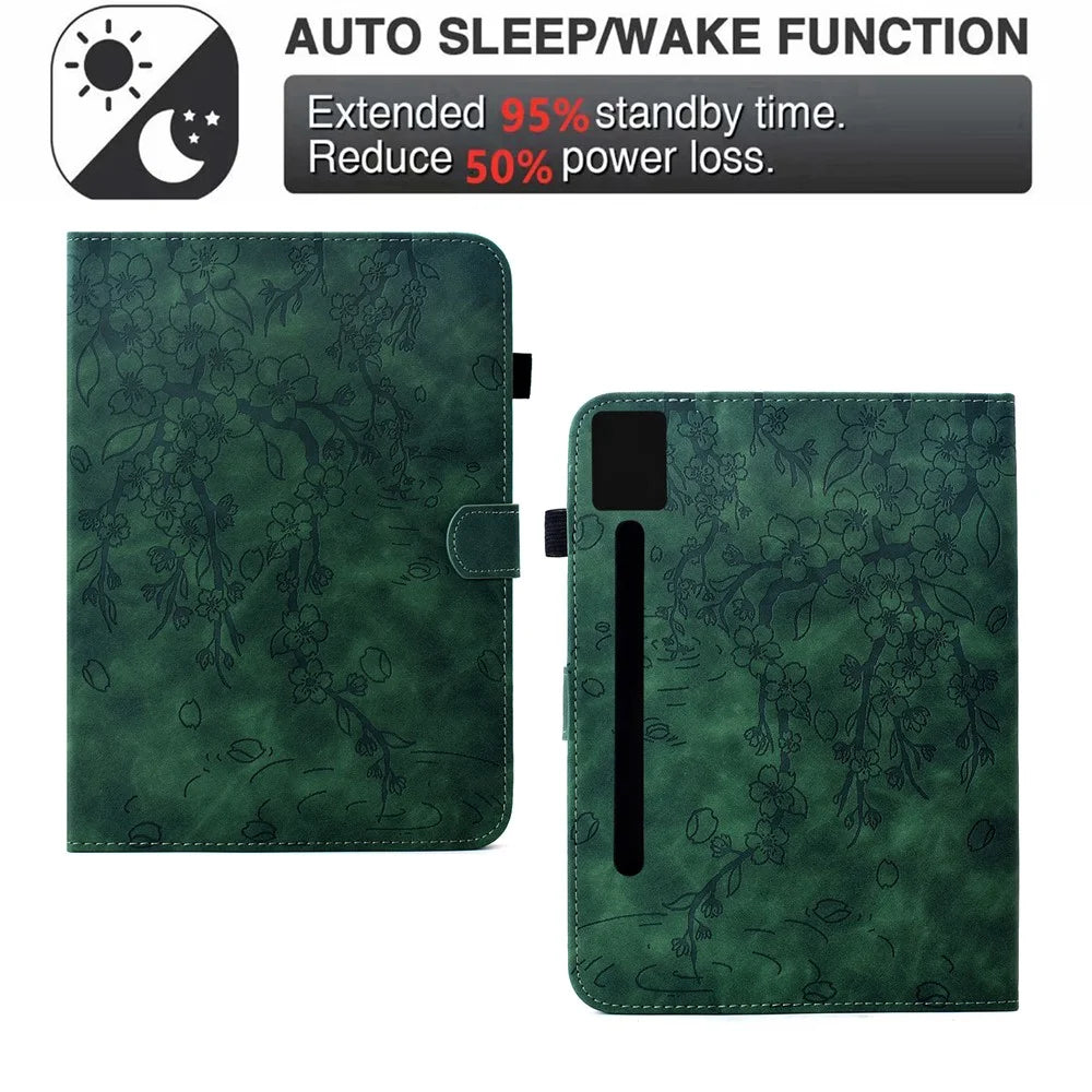 For Lenovo Idea Tab Pro / Tab P12 Pro Gen 2 Case Imprinted Plum Blossom Stand Card Slots Leather Tablet Cover with Auto Sleep / Wake - Green - 6