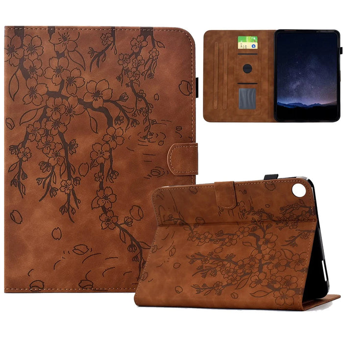 For Samsung Galaxy Tab A11 / A9 Case Imprinted Plum Blossom Stand Card Slots Leather Tablet Cover with Auto Sleep / Wake - Brown - 1