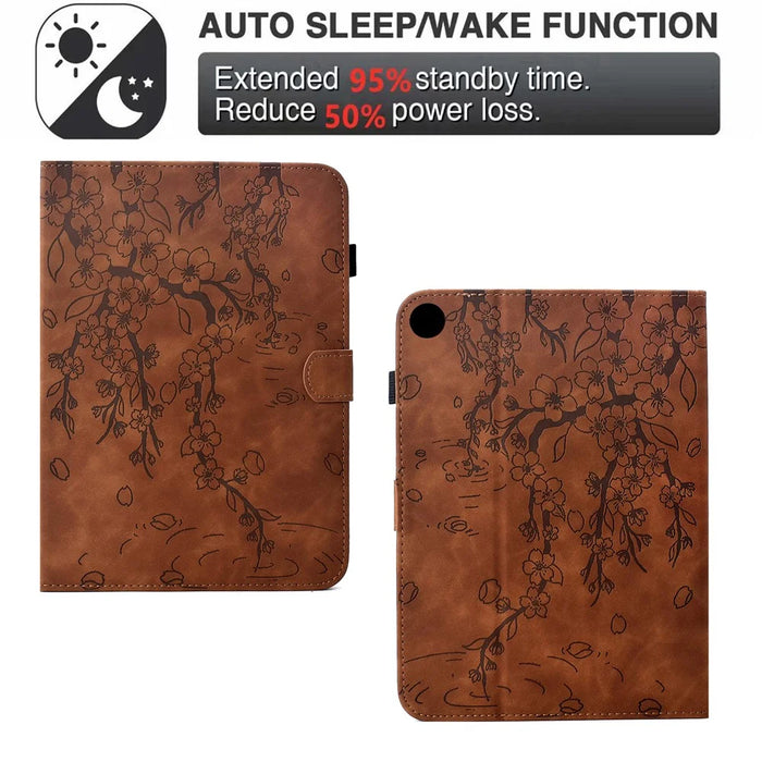 For Samsung Galaxy Tab A11+ / A9+ Case Imprinted Plum Blossom Stand Card Slots Leather Tablet Cover with Auto Sleep / Wake - Brown - 6