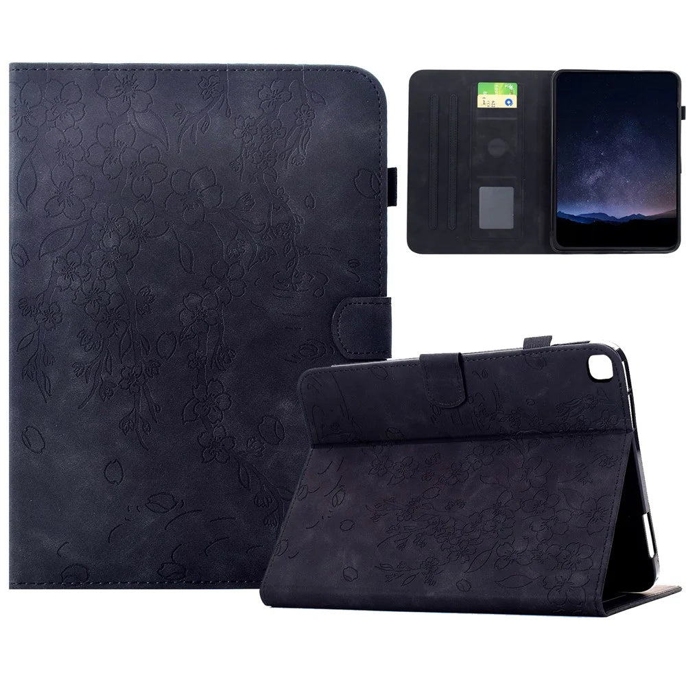 Leather Case for Samsung Galaxy Tab S6 Lite (2024) / (2022) / (2020) Imprinted Plum Blossom Stand Card Slots Tablet Cover with Auto Sleep / Wake - Black - 1