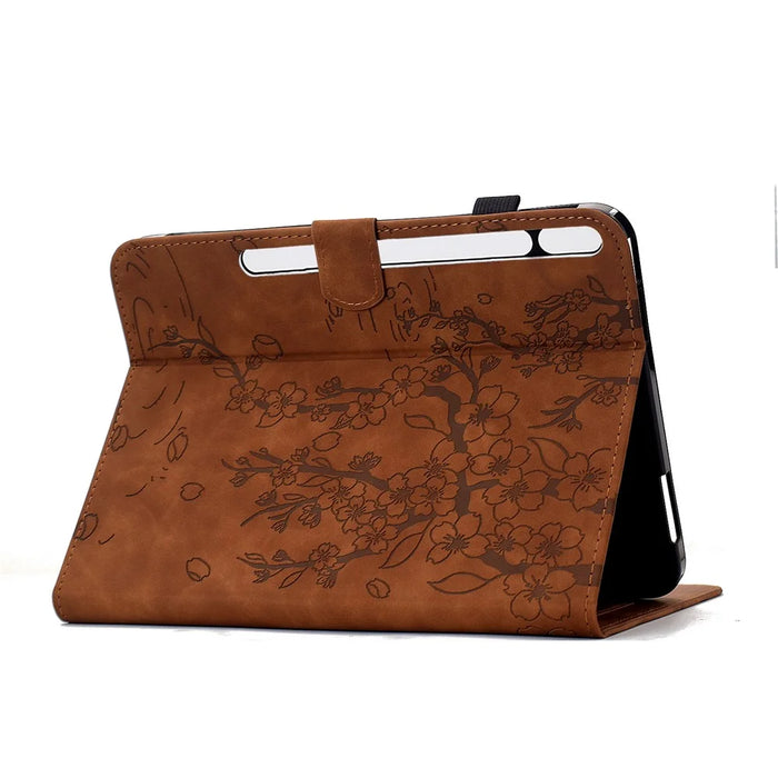 For Samsung Galaxy Tab S8 / S7 Case Imprinted Plum Blossom Stand Card Slots Leather Tablet Cover with Auto Sleep / Wake - Brown - 4