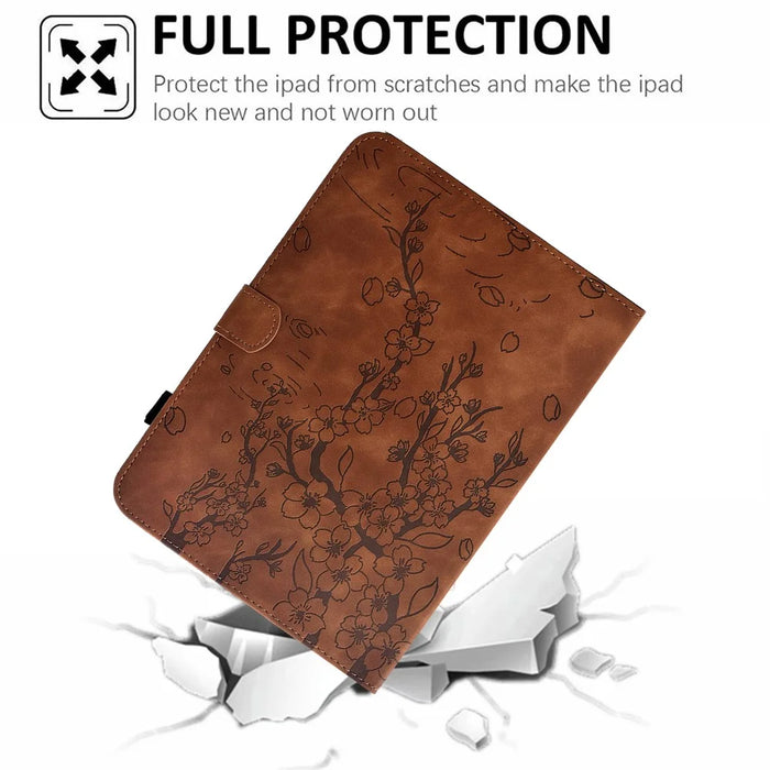 For Samsung Galaxy Tab S8 / S7 Case Imprinted Plum Blossom Stand Card Slots Leather Tablet Cover with Auto Sleep / Wake - Brown - 5