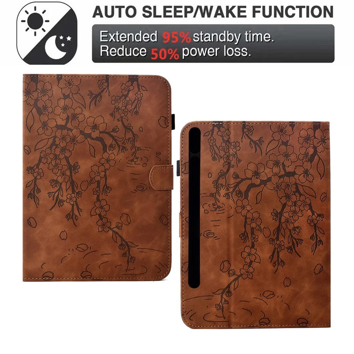 For Samsung Galaxy Tab S8 / S7 Case Imprinted Plum Blossom Stand Card Slots Leather Tablet Cover with Auto Sleep / Wake - Brown - 6