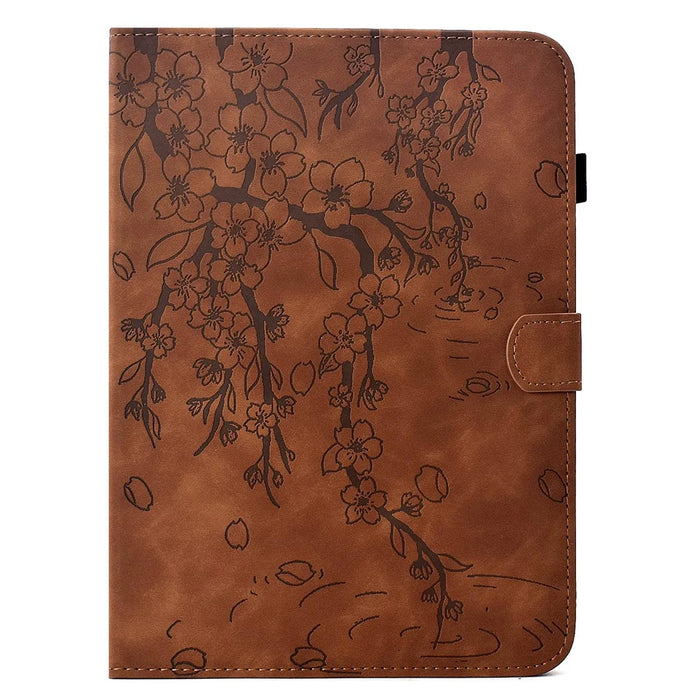 For Samsung Galaxy Tab S8 / S7 Case Imprinted Plum Blossom Stand Card Slots Leather Tablet Cover with Auto Sleep / Wake - Brown - 7