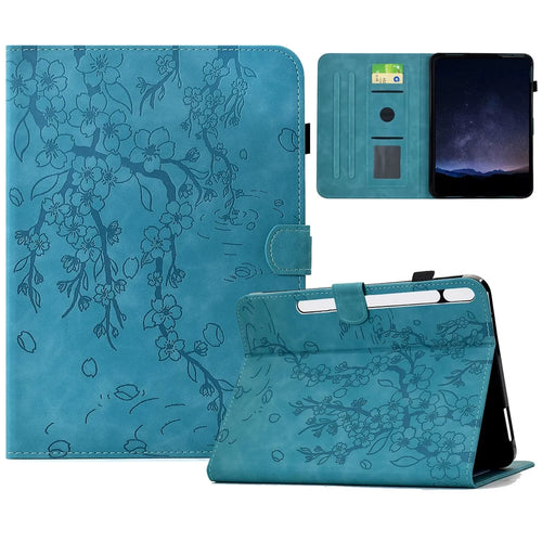 Leather Case for Samsung Galaxy Tab S10 FE / S9 FE / S9 Imprinted Plum Blossom Stand Card Slots Tablet Cover with Auto Sleep / Wake - Baby Blue - 1