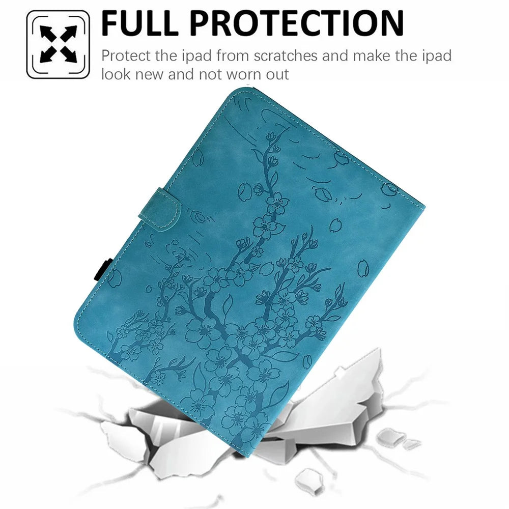 Leather Case for Samsung Galaxy Tab S10 FE / S9 FE / S9 Imprinted Plum Blossom Stand Card Slots Tablet Cover with Auto Sleep / Wake - Baby Blue - 5