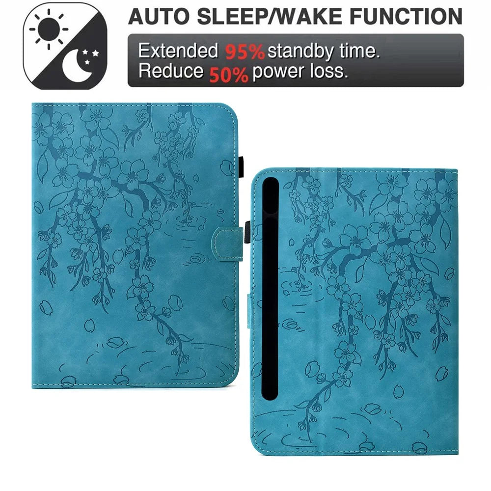 Leather Case for Samsung Galaxy Tab S10 FE / S9 FE / S9 Imprinted Plum Blossom Stand Card Slots Tablet Cover with Auto Sleep / Wake - Baby Blue - 6