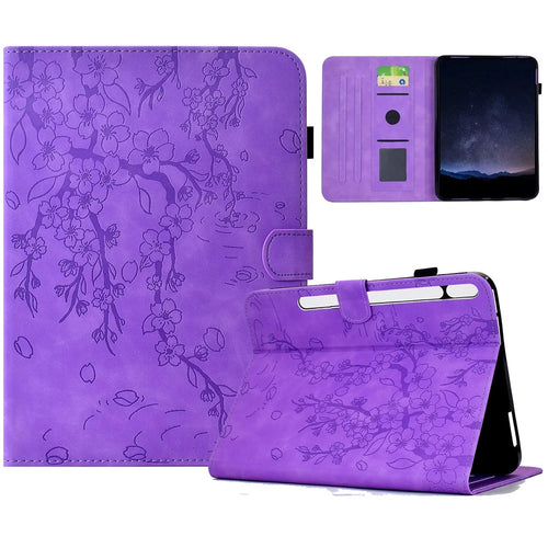 For Samsung Galaxy Tab S10 FE+ Case Imprinted Plum Blossom Stand Card Slots Leather Tablet Cover with Auto Sleep / Wake - Light Purple - 1