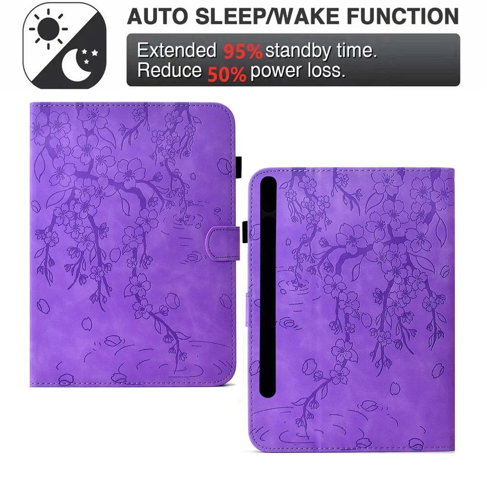 For Samsung Galaxy Tab S10 FE+ Case Imprinted Plum Blossom Stand Card Slots Leather Tablet Cover with Auto Sleep / Wake - Light Purple - 6