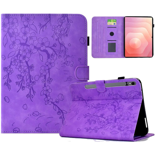 For Samsung Galaxy Tab S11 Case Imprinted Plum Blossom Stand Card Slots Leather Tablet Cover with Auto Sleep / Wake - Light Purple - 1