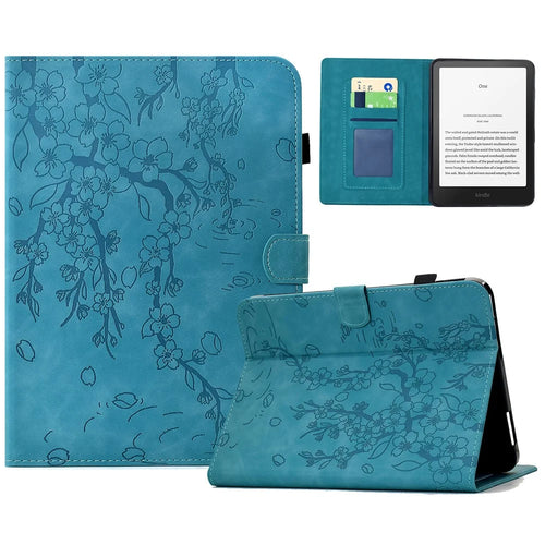 For Amazon Kindle 11th (2024) / Kindle 6" (2022) Case Imprinted Plum Blossom Stand Card Slots Leather Tablet Cover with Auto Sleep / Wake - Baby Blue - 1