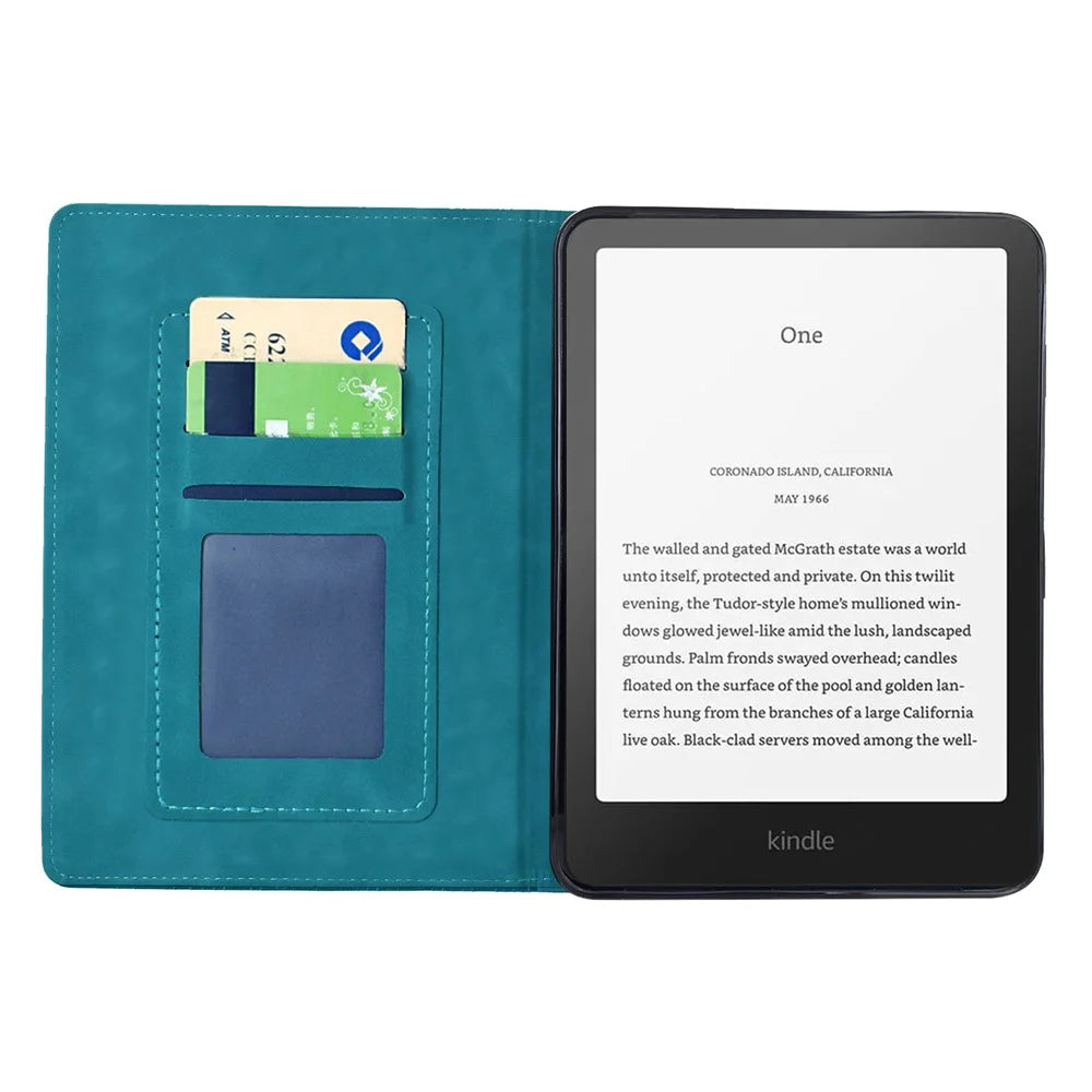 For Amazon Kindle 11th (2024) / Kindle 6" (2022) Case Imprinted Plum Blossom Stand Card Slots Leather Tablet Cover with Auto Sleep / Wake - Baby Blue - 2