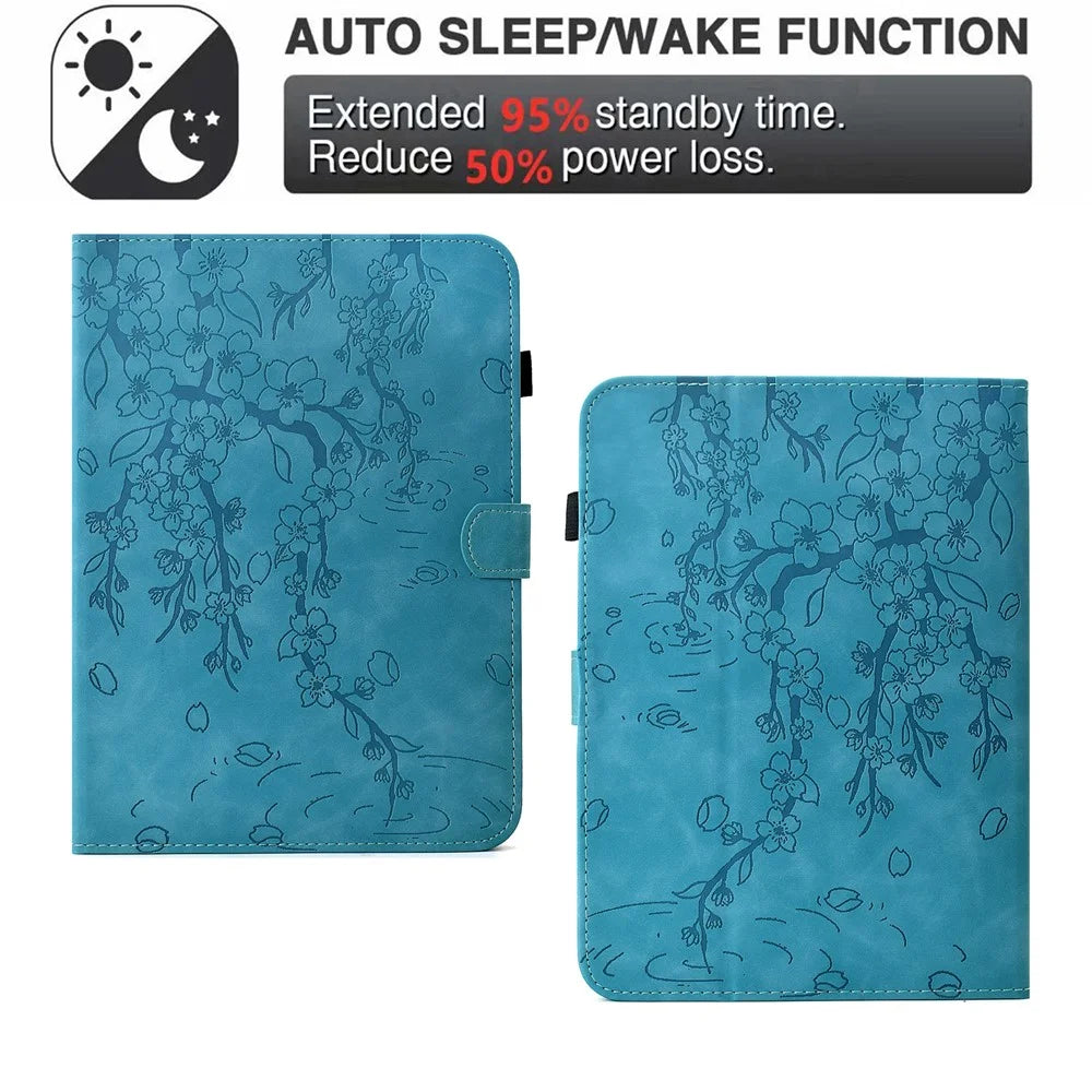 For Amazon Kindle 11th (2024) / Kindle 6" (2022) Case Imprinted Plum Blossom Stand Card Slots Leather Tablet Cover with Auto Sleep / Wake - Baby Blue - 6