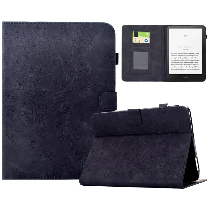 For Amazon Kindle Paperwhite (2024) Case Imprinted Plum Blossom Stand Card Slots Leather Tablet Cover with Auto Sleep / Wake - Black - 1