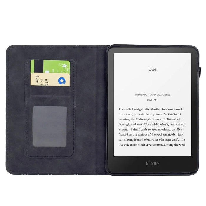 For Amazon Kindle Paperwhite (2024) Case Imprinted Plum Blossom Stand Card Slots Leather Tablet Cover with Auto Sleep / Wake - Black - 2