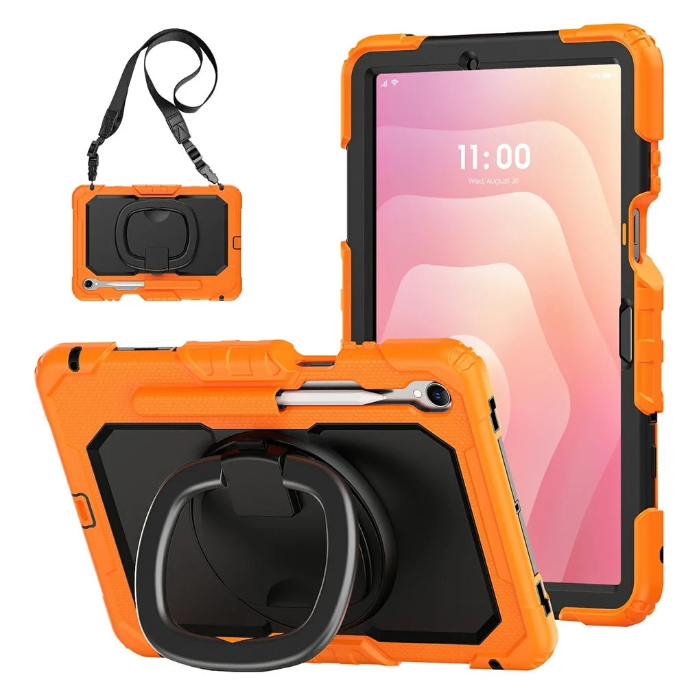 For Samsung Galaxy Tab S11 Kickstand Case PC + Silicone Tablet Cover with Shoulder Strap - Orange - 1
