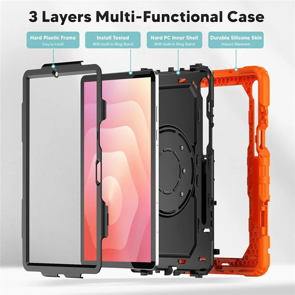 For Samsung Galaxy Tab S11 Kickstand Case PC + Silicone Tablet Cover with Shoulder Strap - Orange - 7