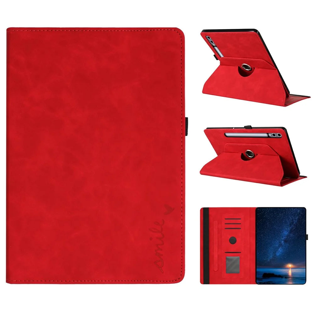 Microfiber Leather Case for Samsung Galaxy Tab S10+ / S9 FE+ / S9+ Rotating Stand Card Holder Smile Imprinted Tablet Cover - Red - 1