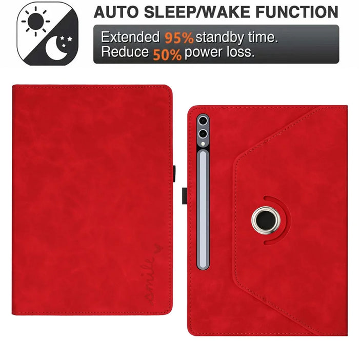 Microfiber Leather Case for Samsung Galaxy Tab S10+ / S9 FE+ / S9+ Rotating Stand Card Holder Smile Imprinted Tablet Cover - Red - 5