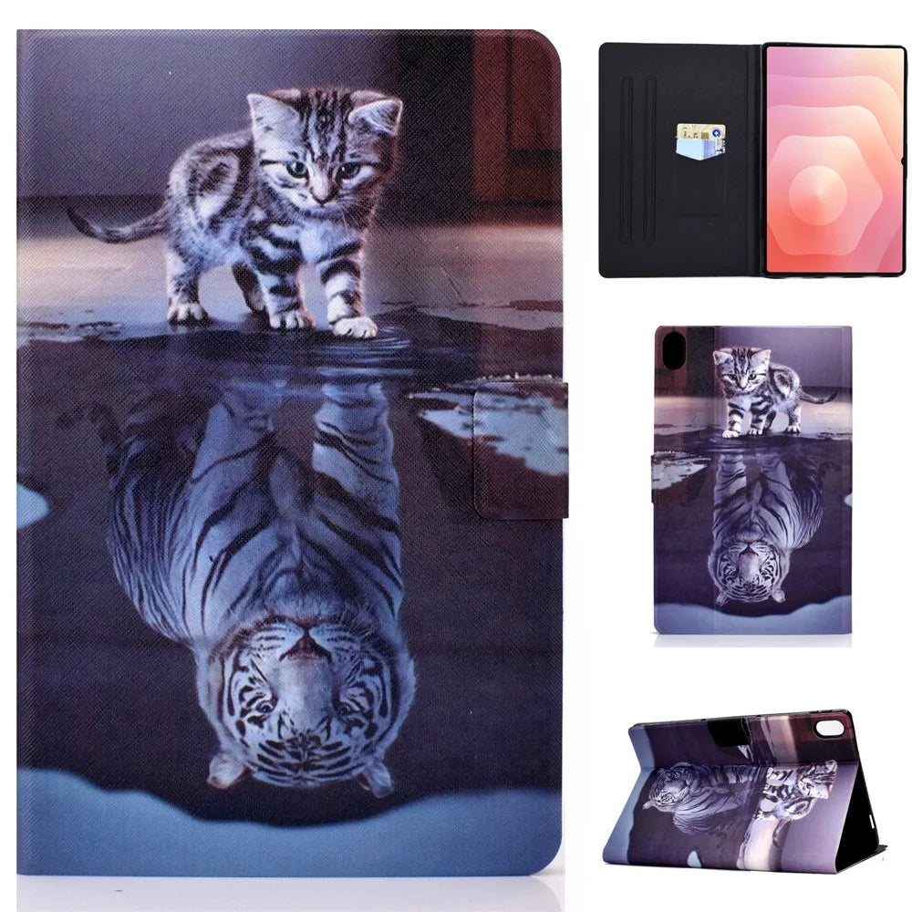 For Samsung Galaxy Tab S11 Case Stand Pattern Printed Leather Cover - Cat and Tiger - 1